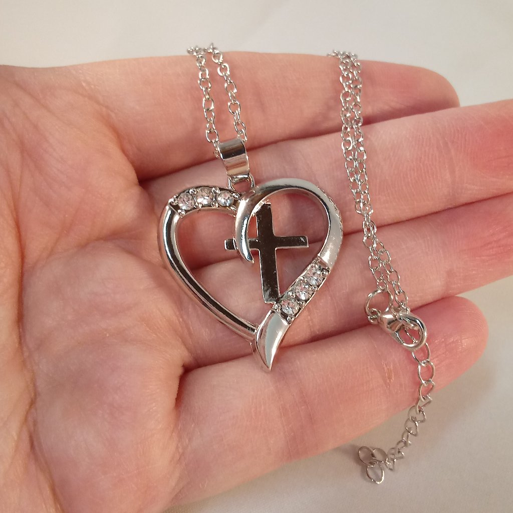Silver Plated Cross Heart Crystal Promise Pendant Necklace